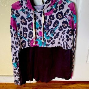 Colorful leopard and grey long sleeve shirt.